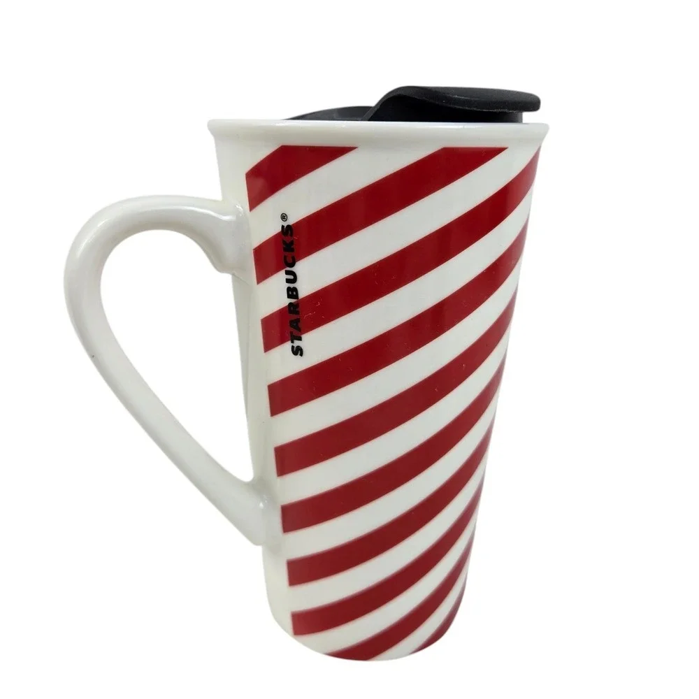 Starbucks 2019 Candy Cane Christmas Red & White Striped Coffee Mug & Lid 14 oz.